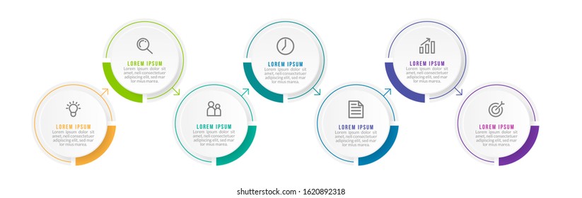 Minimal Business Infographics template. Timeline with 7 steps, options and marketing icons .Vector linear infographic with seven conected elements. Can be use for presentation.