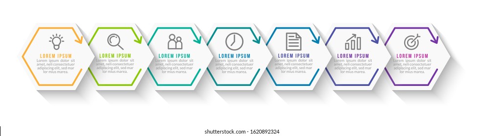 Minimal Business Infographics template. Timeline with 7 steps, options and marketing icons .Vector linear infographic with seven conected elements. Can be use for presentation.