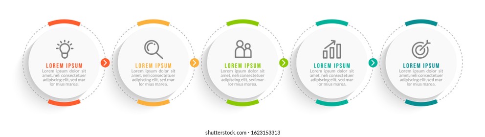 Minimal Business Infographics template. Timeline with 5 steps, options and marketing icons .Vector linear infographic with five circle conected elements. Can be use for presentation.