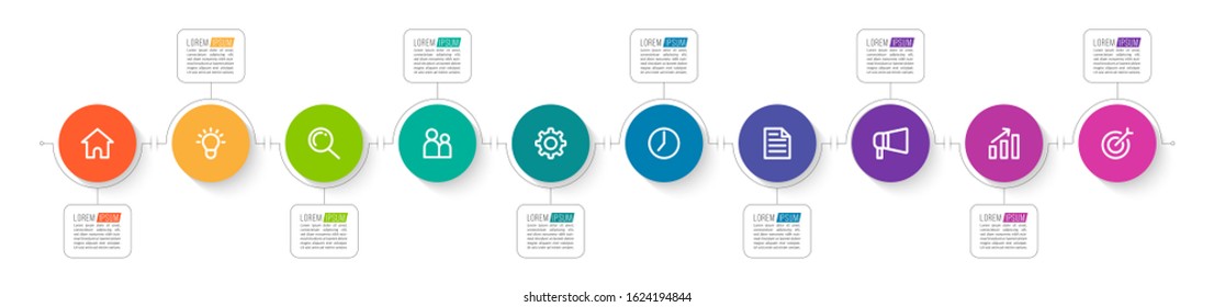 Minimal Business Infographics template. Timeline with 10 steps, options and marketing icons .Vector linear infographic with ten circle conected elements. Can be use for presentation.