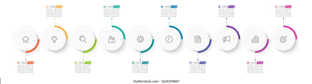 Minimal Business Infographics template. Timeline with 10 steps, options and marketing icons .Vector linear infographic with ten circle conected elements. Can be use for presentation.