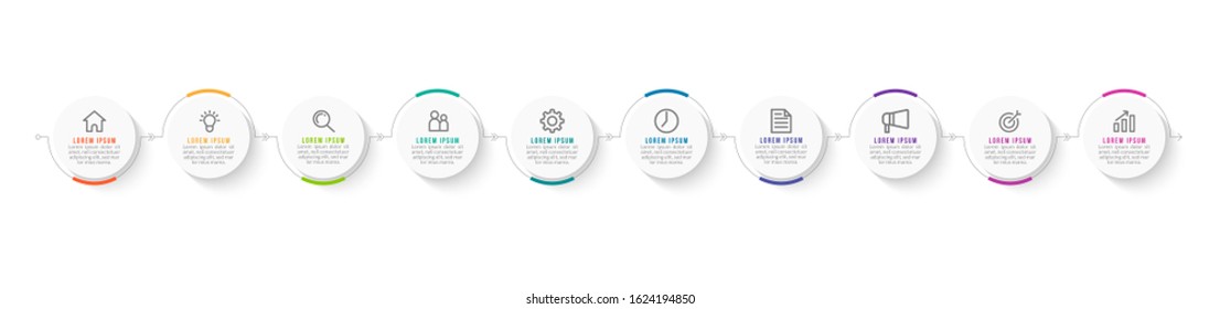 Minimal Business Infographics template. Timeline with 10 steps, options and marketing icons .Vector linear infographic with ten circle conected elements. Can be use for presentation.