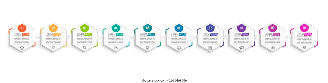 Minimal Business Infographics template. Timeline with 10 steps, options and marketing icons .Vector linear infographic with ten circle conected elements. Can be use for presentation.