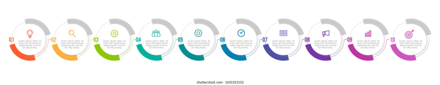 Minimal Business Infographics template. Timeline with 10 steps, options and marketing icons .Vector linear infographic with ten circle conected elements. Can be use for presentation.