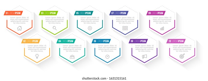 Minimal Business Infographics template. Timeline with 10 steps, options and marketing icons .Vector linear infographic with ten circle conected elements. Can be use for presentation.