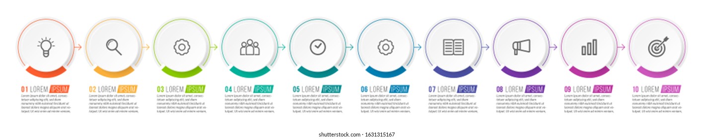 Minimal Business Infographics template. Timeline with 10 steps, options and marketing icons .Vector linear infographic with ten circle conected elements. Can be use for presentation.