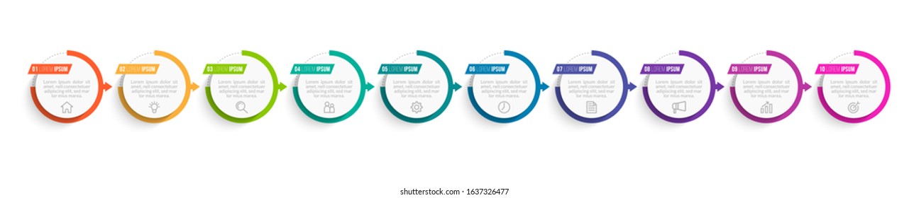 Minimal Business Infographics template. Timeline with 10 steps, options and marketing icons .Vector linear infographic with ten circle conected elements. Can be use for presentation.