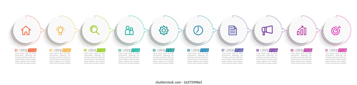 Minimal Business Infographics template. Timeline with 10 steps, options and marketing icons .Vector linear infographic with ten circle conected elements. Can be use for presentation.
