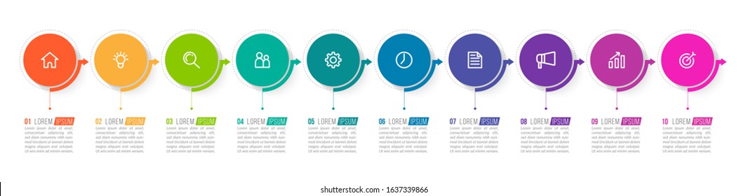 Minimal Business Infographics template. Timeline with 10 steps, options and marketing icons .Vector linear infographic with ten circle conected elements. Can be use for presentation.