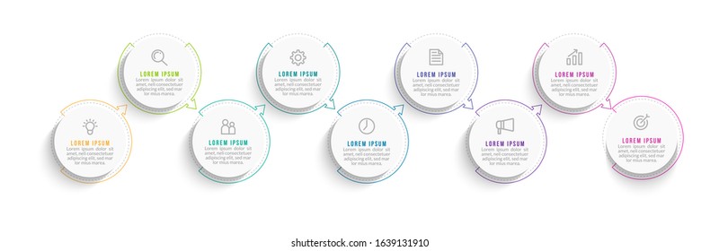 Minimal Business Infographics template. Timeline with 9 steps, options and marketing icons .Vector linear infographic with nine circle conected elements. Can be use for presentation.