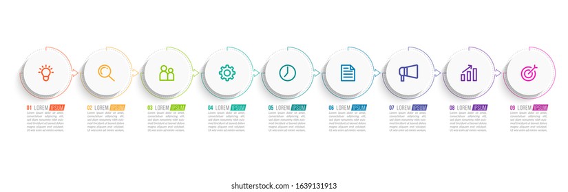 Minimal Business Infographics template. Timeline with 9 steps, options and marketing icons .Vector linear infographic with nine circle conected elements. Can be use for presentation.