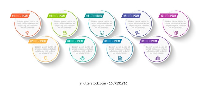 Minimal Business Infographics template. Timeline with 9 steps, options and marketing icons .Vector linear infographic with nine circle conected elements. Can be use for presentation.