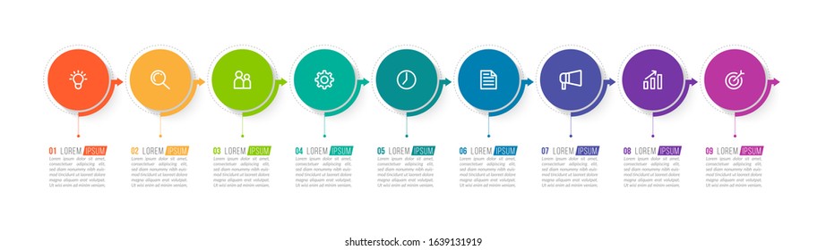 Minimal Business Infographics template. Timeline with 9 steps, options and marketing icons .Vector linear infographic with nine circle conected elements. Can be use for presentation.