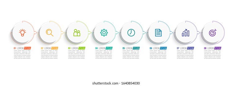 Minimal Business Infographics template. Timeline with 8 steps, options and marketing icons .Vector linear infographic with eight circle conected elements. Can be use for presentation.
