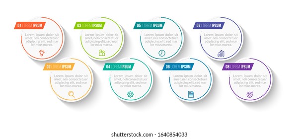 Minimal Business Infographics template. Timeline with 8 steps, options and marketing icons .Vector linear infographic with eight circle conected elements. Can be use for presentation.