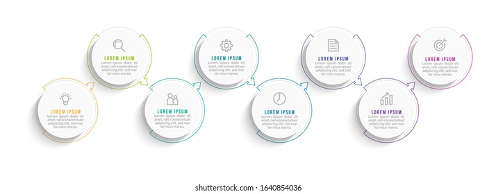 Minimal Business Infographics template. Timeline with 8 steps, options and marketing icons .Vector linear infographic with eight circle conected elements. Can be use for presentation.