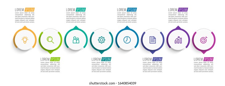 Minimal Business Infographics template. Timeline with 8 steps, options and marketing icons .Vector linear infographic with eight circle conected elements. Can be use for presentation.