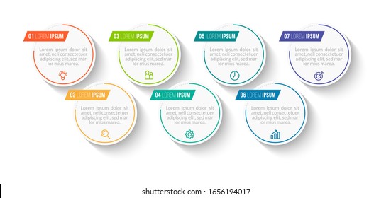 Minimal Business Infographics template. Timeline with 7 steps, options and marketing icons .Vector linear infographic with seven circle conected elements. Can be use for presentation.