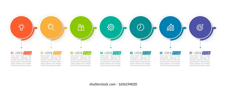 Minimal Business Infographics template. Timeline with 7 steps, options and marketing icons .Vector linear infographic with seven circle conected elements. Can be use for presentation.