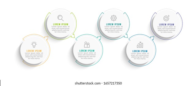 Minimal Business Infographics template. Timeline with 6 steps, options and marketing icons .Vector linear infographic with six circle conected elements. Can be use for presentation.