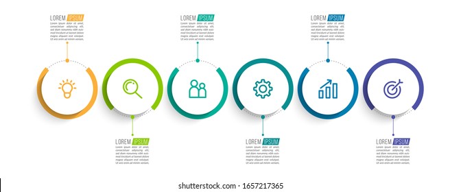 Minimal Business Infographics template. Timeline with 6 steps, options and marketing icons .Vector linear infographic with six circle conected elements. Can be use for presentation.