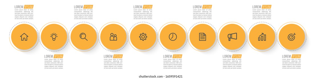 Minimal Business Infographics template. Timeline with 10 steps, options and marketing icons .Vector linear infographic with ten circle conected elements. Can be use for presentation.