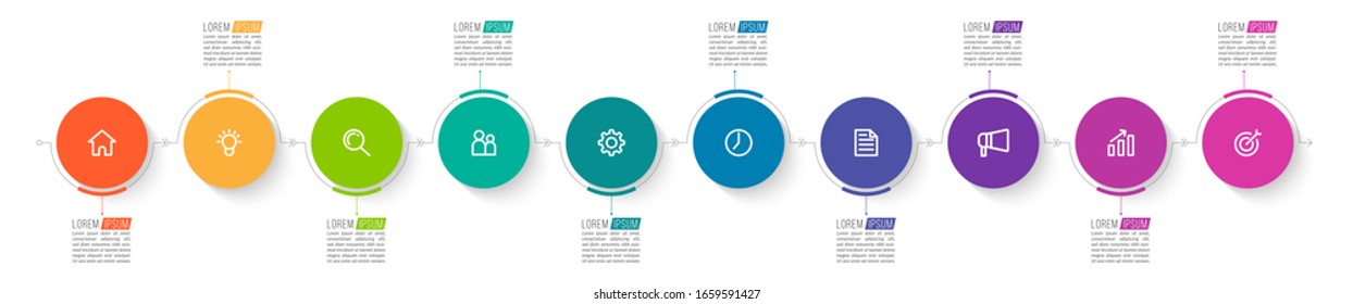 Minimal Business Infographics template. Timeline with 10 steps, options and marketing icons .Vector linear infographic with ten circle conected elements. Can be use for presentation.