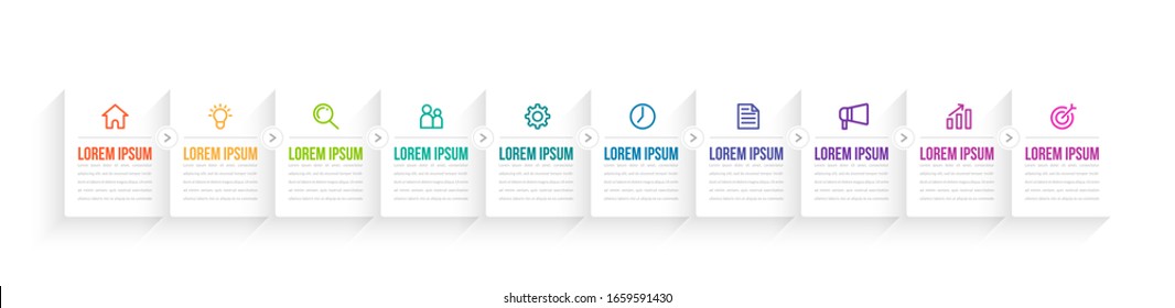 Minimal Business Infographics template. Timeline with 10 steps, options and marketing icons .Vector linear infographic with ten circle conected elements. Can be use for presentation.