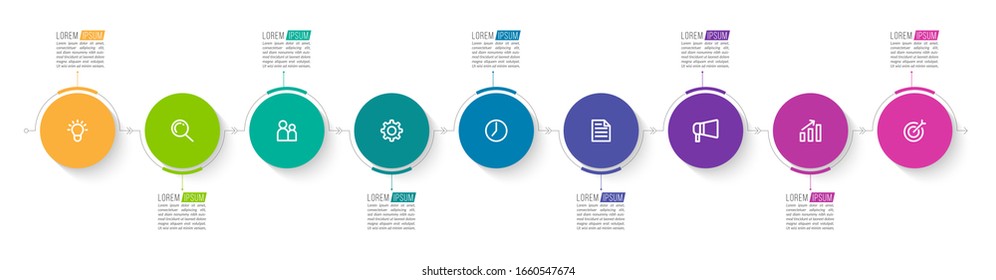 Minimal Business Infographics template. Timeline with 9 steps, options and marketing icons .Vector linear infographic with nine circle conected elements. Can be use for presentation.