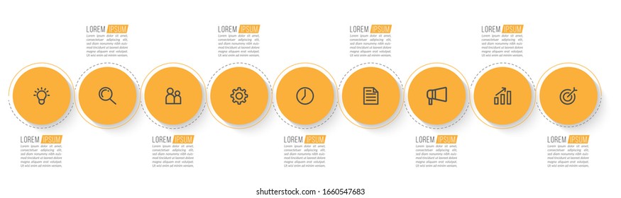 Minimal Business Infographics template. Timeline with 9 steps, options and marketing icons .Vector linear infographic with nine circle conected elements. Can be use for presentation.