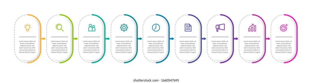 Minimal Business Infographics template. Timeline with 9 steps, options and marketing icons .Vector linear infographic with nine circle conected elements. Can be use for presentation.