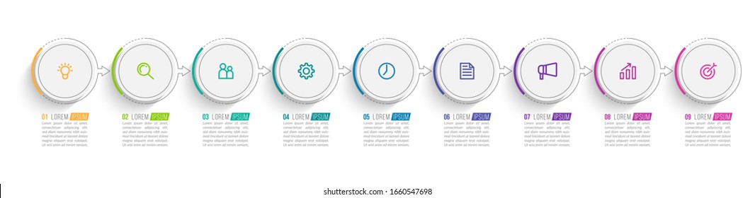 Minimal Business Infographics template. Timeline with 9 steps, options and marketing icons .Vector linear infographic with nine circle conected elements. Can be use for presentation.