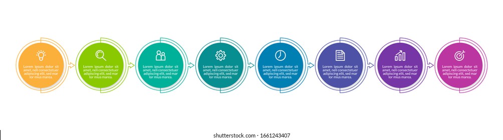 Minimal Business Infographics template. Timeline with 8 steps, options and marketing icons .Vector linear infographic with eight circle conected elements. Can be use for presentation.