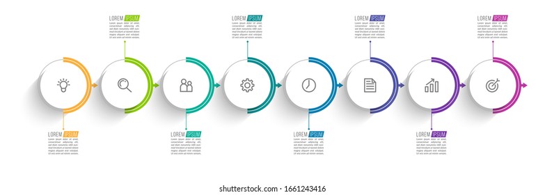 Minimal Business Infographics template. Timeline with 8 steps, options and marketing icons .Vector linear infographic with eight circle conected elements. Can be use for presentation.
