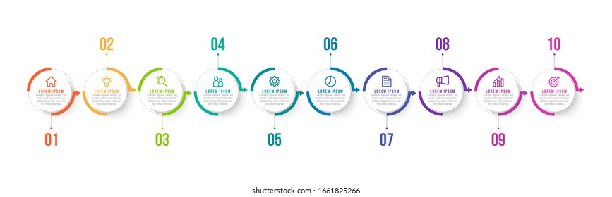 Minimal Business Infographics template. Timeline with 10 steps, options and marketing icons .Vector linear infographic with ten circle conected elements. Can be use for presentation.