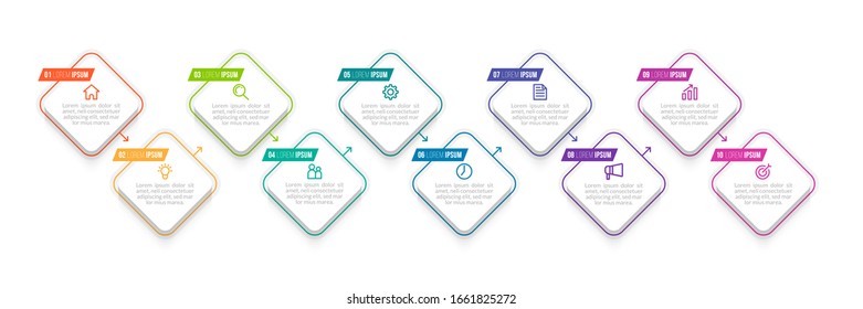 Minimal Business Infographics template. Timeline with 10 steps, options and marketing icons .Vector linear infographic with ten circle conected elements. Can be use for presentation.