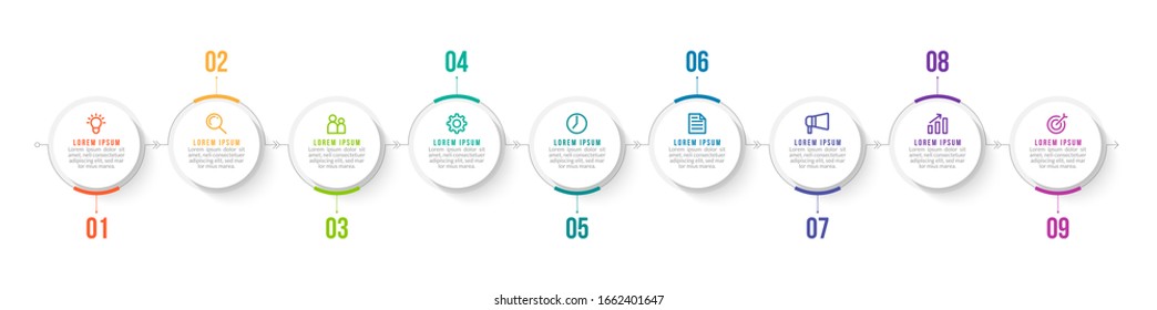 Minimal Business Infographics template. Timeline with 9 steps, options and marketing icons .Vector linear infographic with nine circle conected elements. Can be use for presentation.
