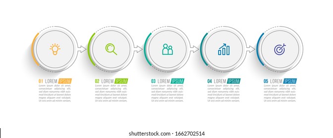 Minimal Business Infographics template. Timeline with 5 steps, options and marketing icons .Vector linear infographic with fve circle conected elements. Can be use for presentation.