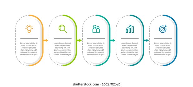 Plantilla de información empresarial mínima. Línea de tiempo con 5 pasos, opciones e iconos de marketing .Vector infografía lineal con cinco elementos conectados en círculo. Se puede utilizar para la presentación.