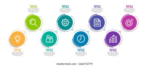 Minimal Business Infographics template. Timeline with 8 steps, options and marketing icons .Vector linear infographic with eight circle conected elements. Can be use for presentation.