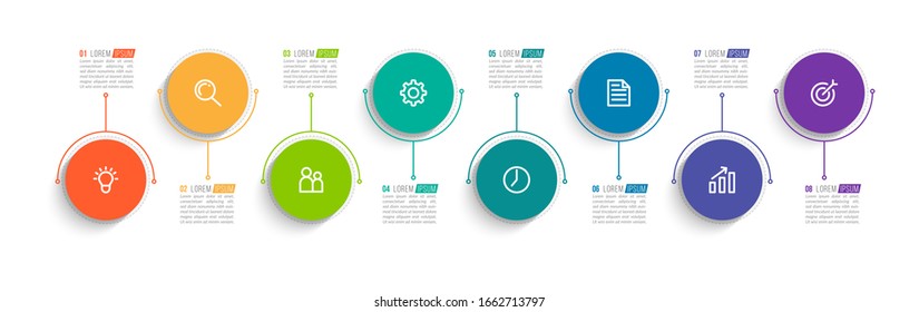 Minimal Business Infographics template. Timeline with 8 steps, options and marketing icons .Vector linear infographic with eight circle conected elements. Can be use for presentation.