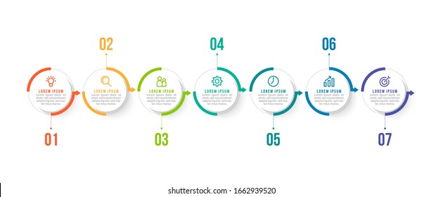 Minimal Business Infographics template. Timeline with 7 steps, options and marketing icons .Vector linear infographic with seven circle conected elements. Can be use for presentation.