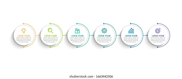 Minimal Business Infographics template. Timeline with 6 steps, options and marketing icons .Vector linear infographic with six circle conected elements. Can be use for presentation.