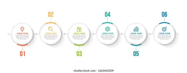 Minimal Business Infographics template. Timeline with 6 steps, options and marketing icons .Vector linear infographic with six circle conected elements. Can be use for presentation.