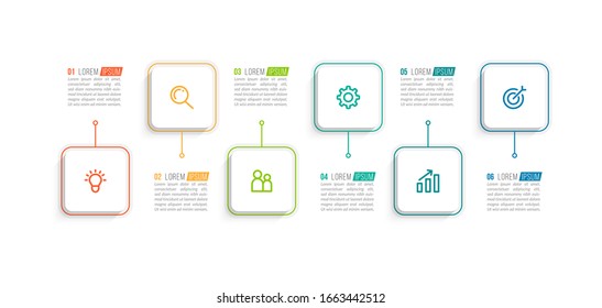 Plantilla de información empresarial mínima. Línea de tiempo con 6 pasos, opciones e íconos de marketing .Infografía lineal vectorial con seis elementos conectados en círculo. Se puede utilizar para la presentación.