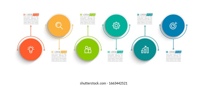Plantilla de información empresarial mínima. Línea de tiempo con 6 pasos, opciones e íconos de marketing .Infografía lineal vectorial con seis elementos conectados en círculo. Se puede utilizar para la presentación.