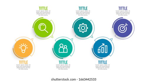 Minimal Business Infographics template. Timeline with 6 steps, options and marketing icons .Vector linear infographic with six circle conected elements. Can be use for presentation.