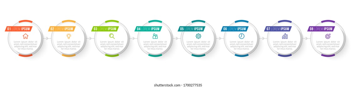 Minimal Business Infographics template. Timeline with 8 steps, options and marketing icons .Vector linear infographic with eight circle conected elements. Can be use for presentation.