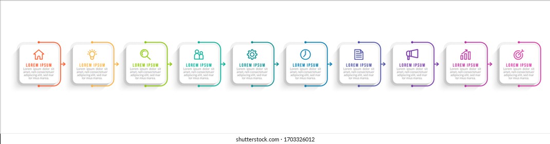 Minimal Business Infographics template. Timeline with 10 steps, options and marketing icons .Vector linear infographic with ten circle conected elements. Can be use for presentation.