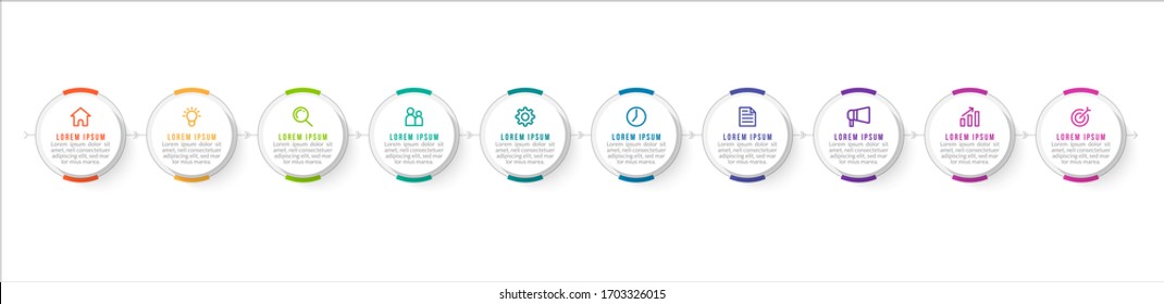 Minimal Business Infographics template. Timeline with 10 steps, options and marketing icons .Vector linear infographic with ten circle conected elements. Can be use for presentation.